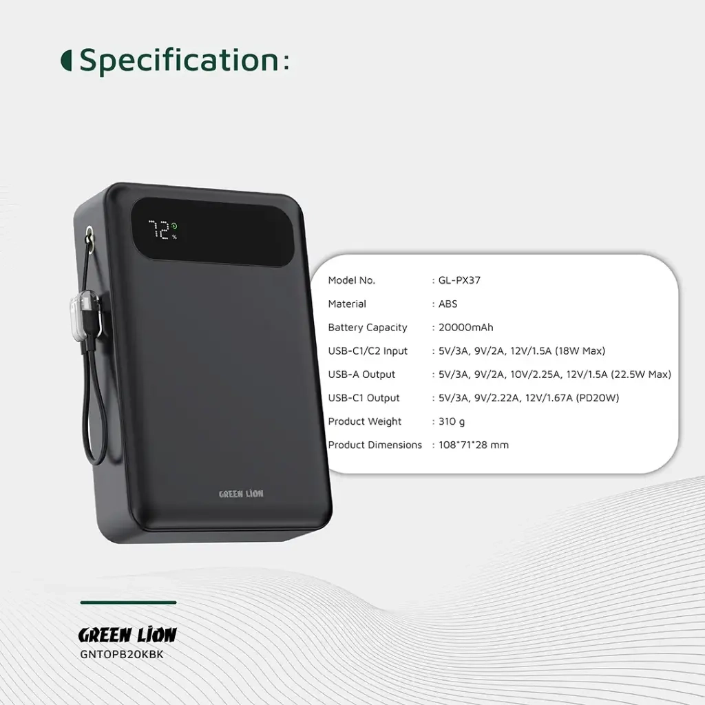 پاوربانک گرین لاین مدل Green Lion Toledo 20000mAh 20WGNTOPB20KBK