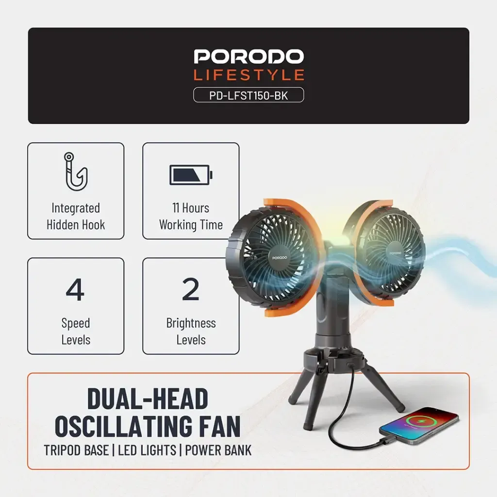 پنکه شارژی پورودو مدل Porodo Dual-Head Oscillating Fan LFST150